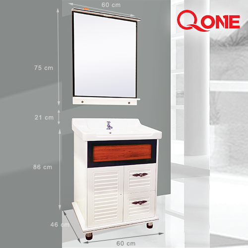 Qone FM 2020N Cabinet Basin - 60 x 48 x 80 cm, PVC Board, LED Light, Soft Close Hinges FM 2020N